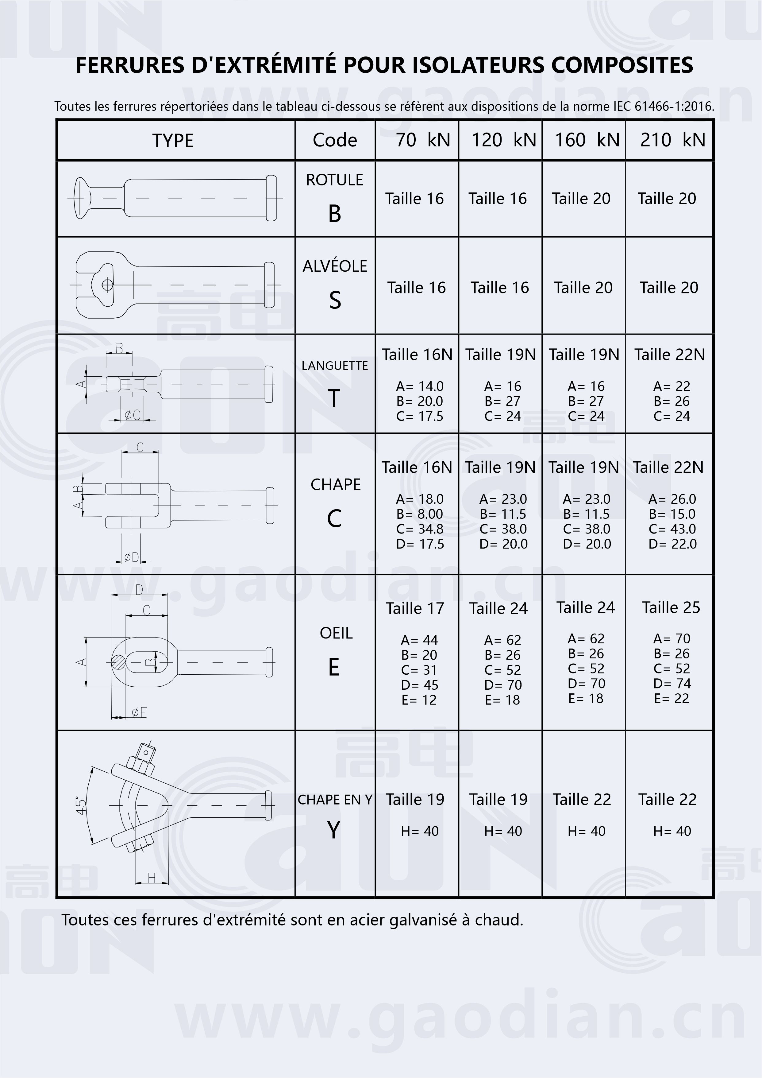 Types de Ferrures de Suspension pour Isolateurs Calotte, Pivot, Chape Simple et Chape Double (Accessoires pour Isolateurs Ferroviaires